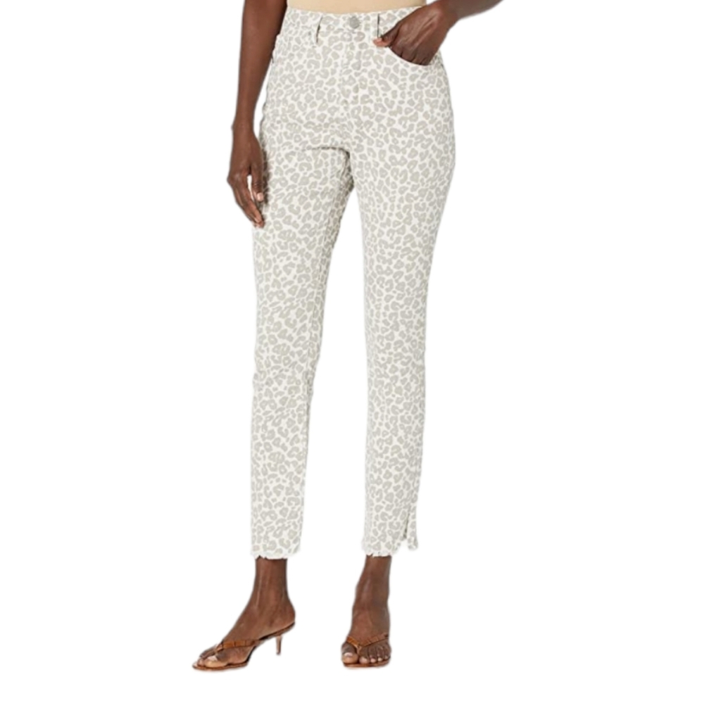Mud Pie Rory Jeans White Leopard Denim Skinny Leg Raw Side Slit Hem  Stretch